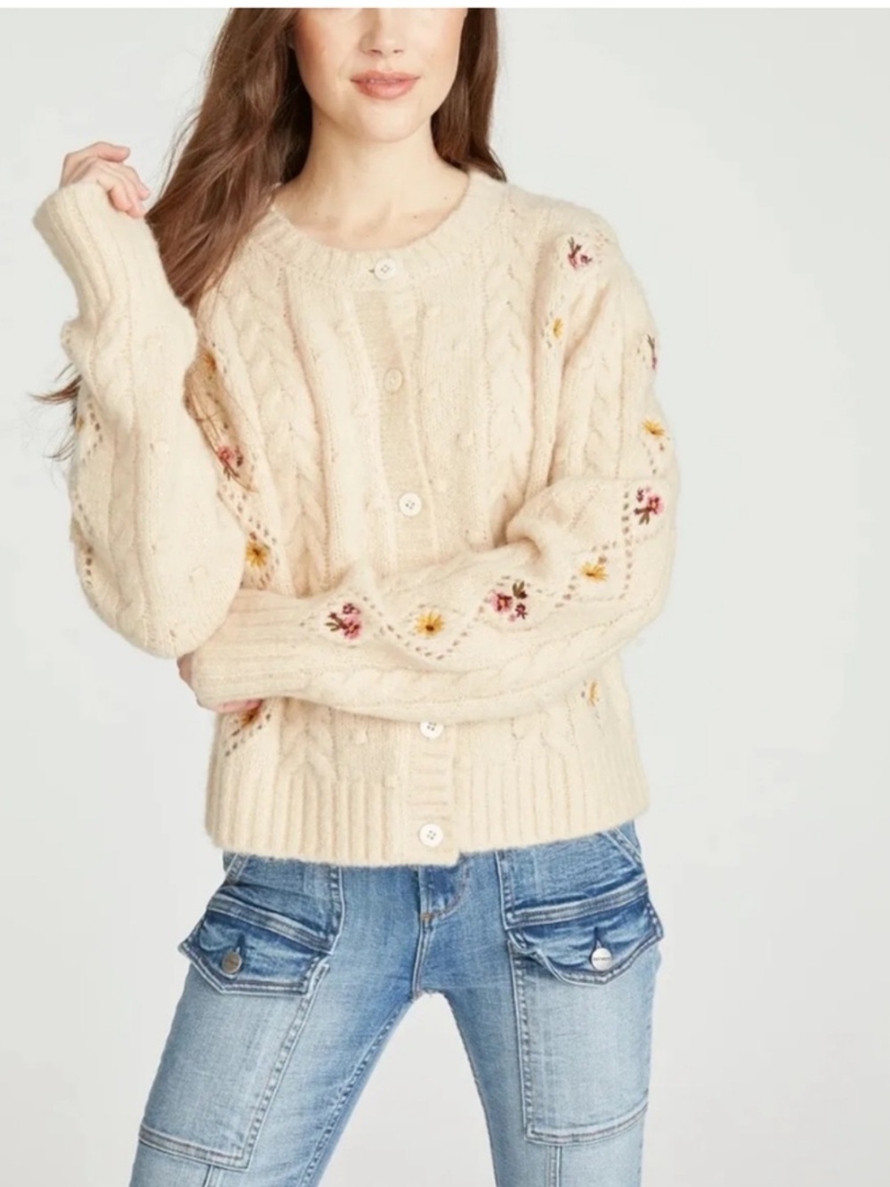 Driftwood Wool Mohair Penny Sweater Cardigan Cream Bliss Embordered Cottagecore - Picture 6 of 14